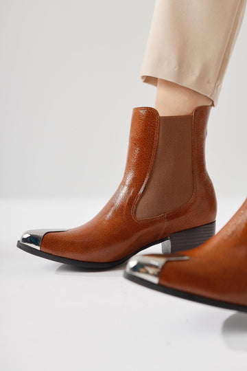 Heda – Cognac Crinkled Patent Pointed-Toe Metal-Detail Boot (Women)