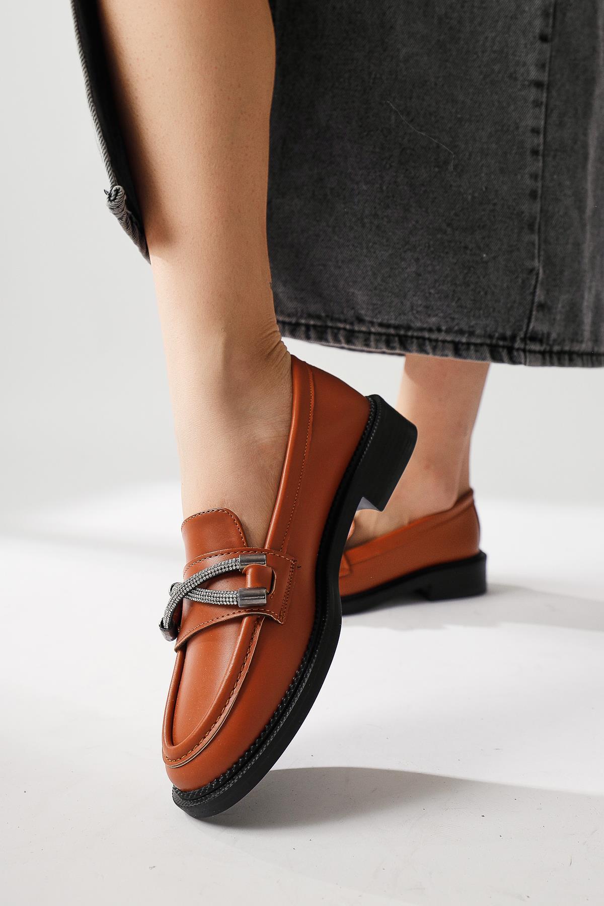 Evina – Cognac Stone-Detail Buckle-Detail Loafer (Women)