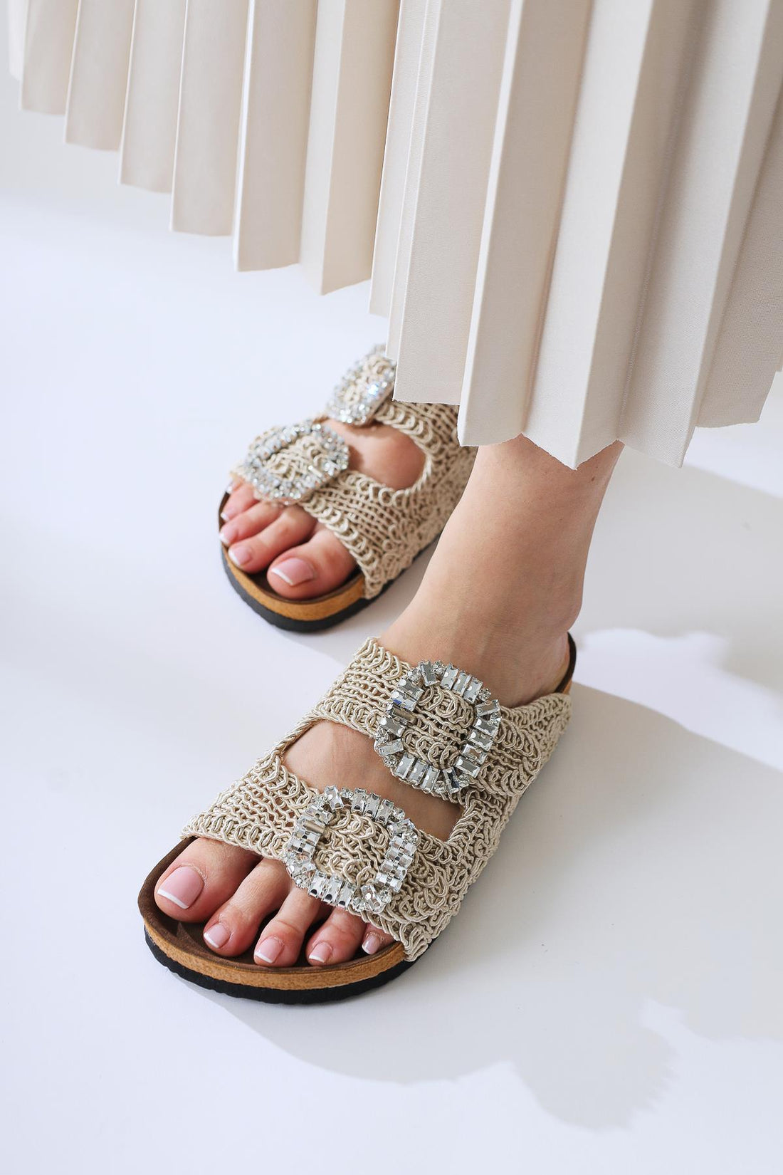 Ellina Cream Double-Strap Slide with Jewel Buckle Detail