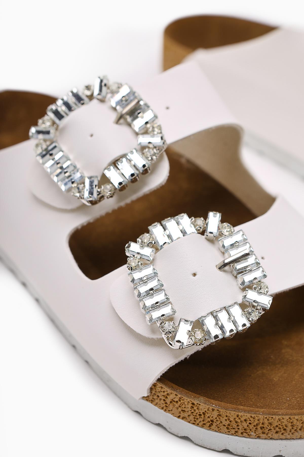 Brisa White Double Strap Embellished Buckle Detail Slide