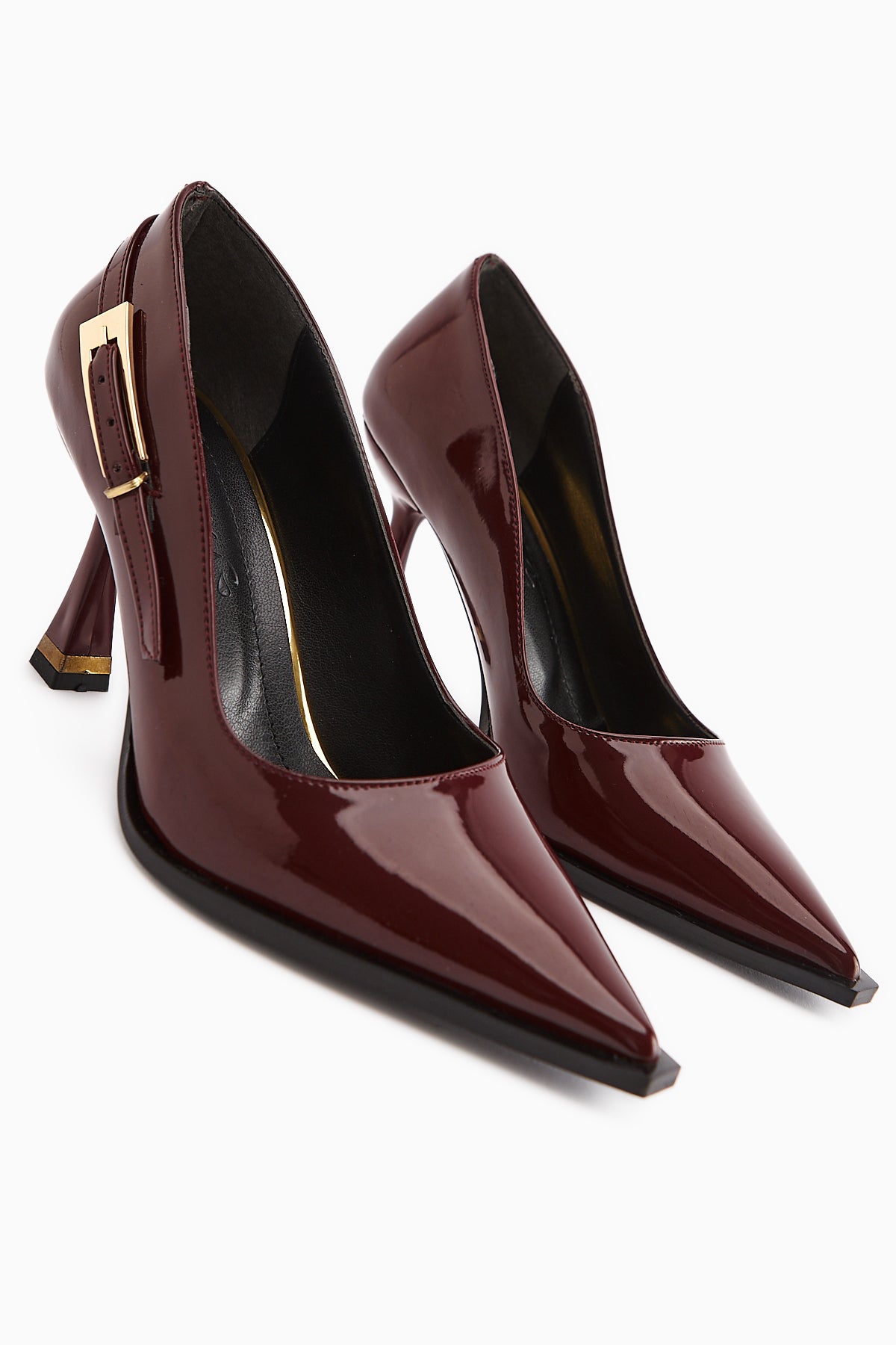 Mithra Burgundy Patent Pointed Toe Buckle Detailed Women’s Heeled Shoes