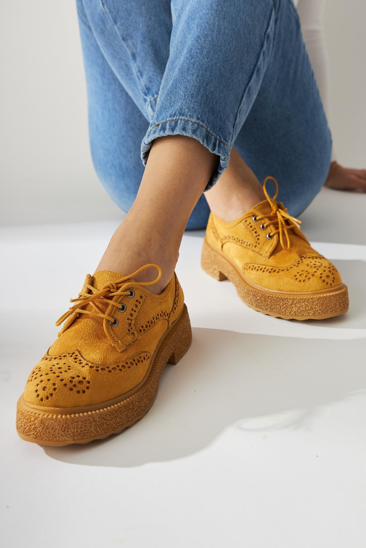 Rossy – Mustard Suede Round-Toe Laser-Cut Casual Shoe (Women)