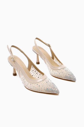Kally – Beige Transparent Fabric, Stone-Detail Heeled Shoe (Women)