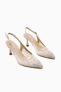 Kally – Beige Transparent Fabric, Stone-Detail Heeled Shoe (Women)