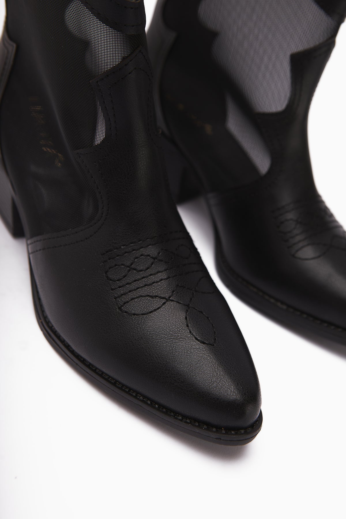 Sevala – Black Embroidered Transparent-Detail Western Summer Boot (Women)