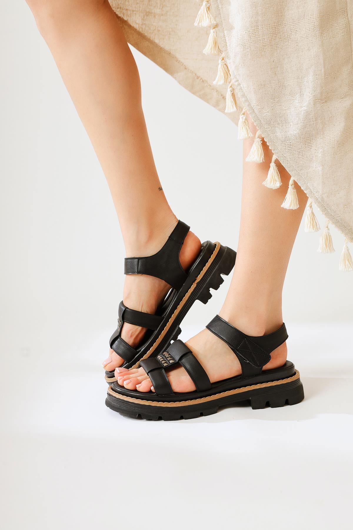 Misra Black Star Detail Velcro High Platform Sandals