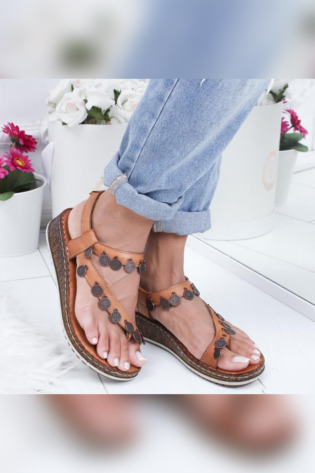 Lilah Genuine Leather Sandals in Taba with Antique Detail