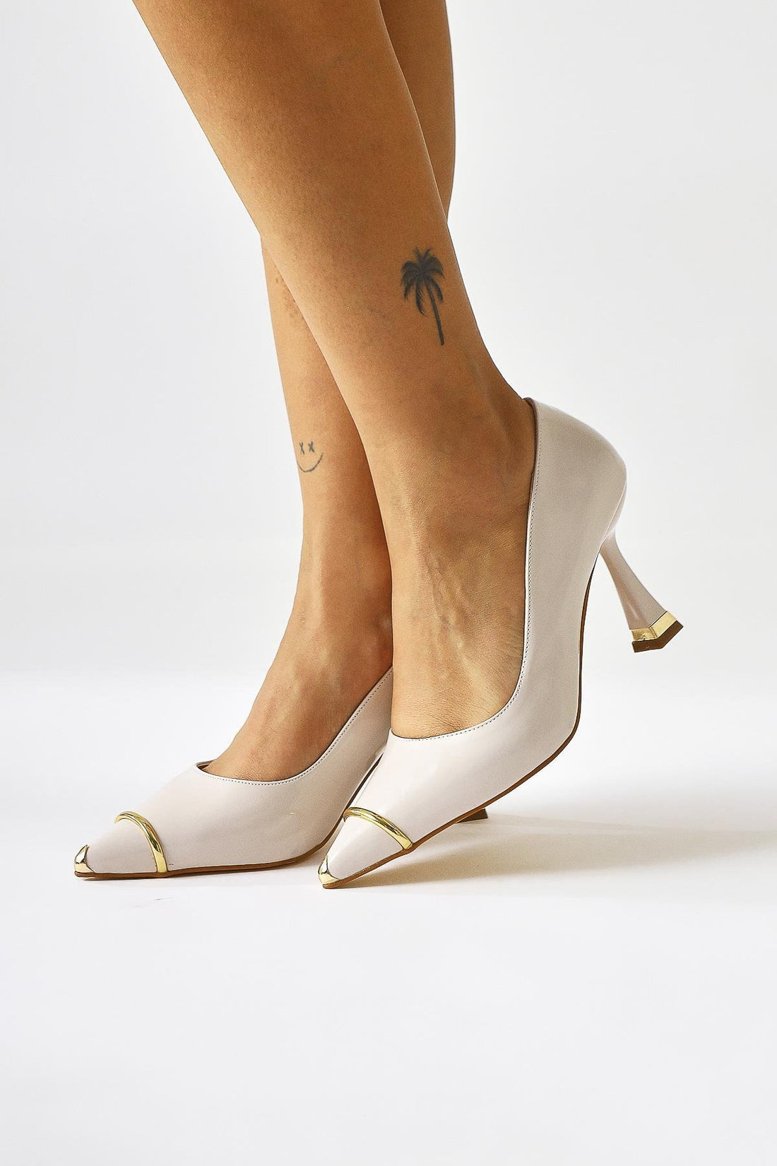 Lelia Beige Patent Leather Metal Toe Detailed Women’s Heeled Shoes