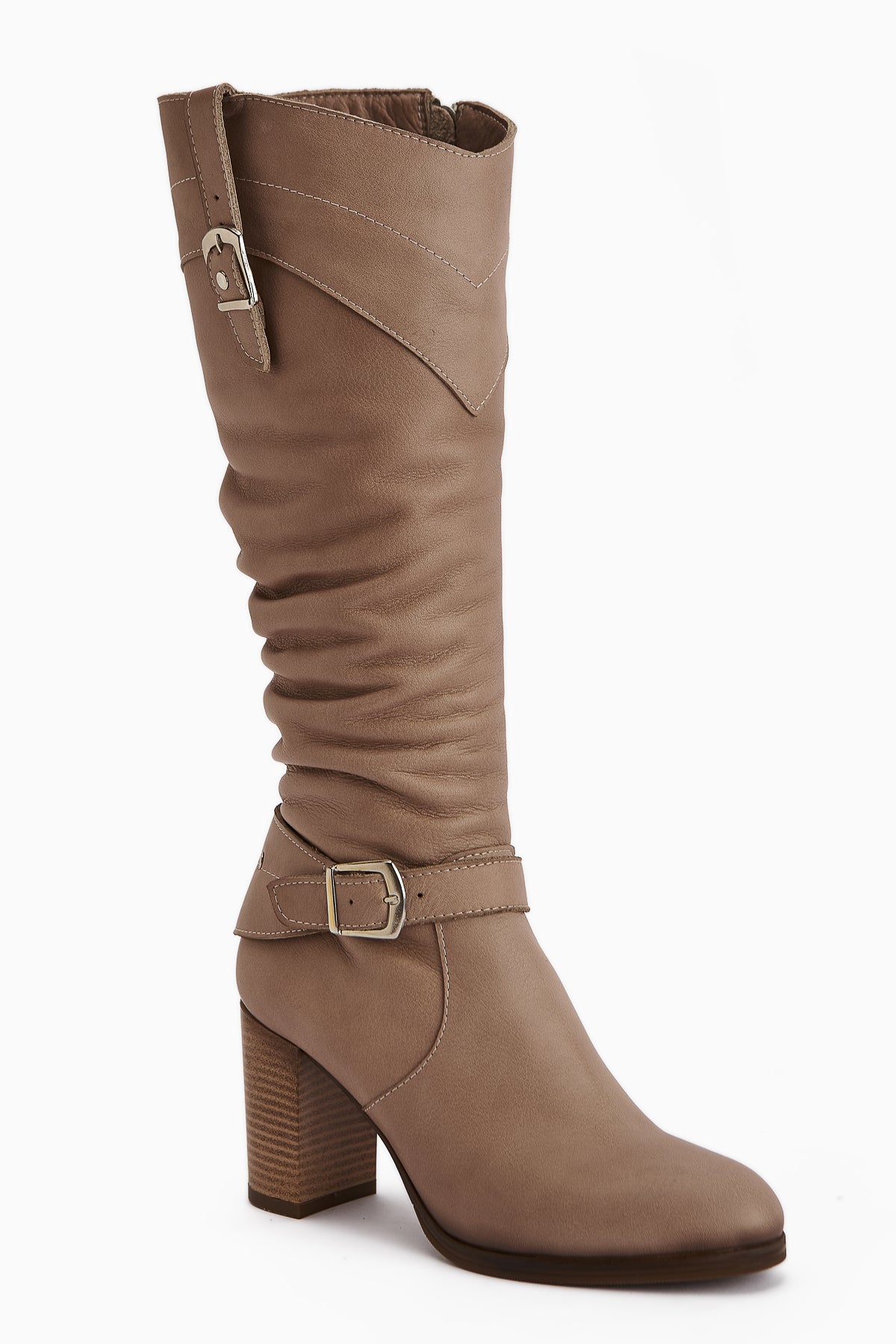 Ting Genuine Leather – Taupe Buckle-Detail Heeled Knee-High Boot (Women)
