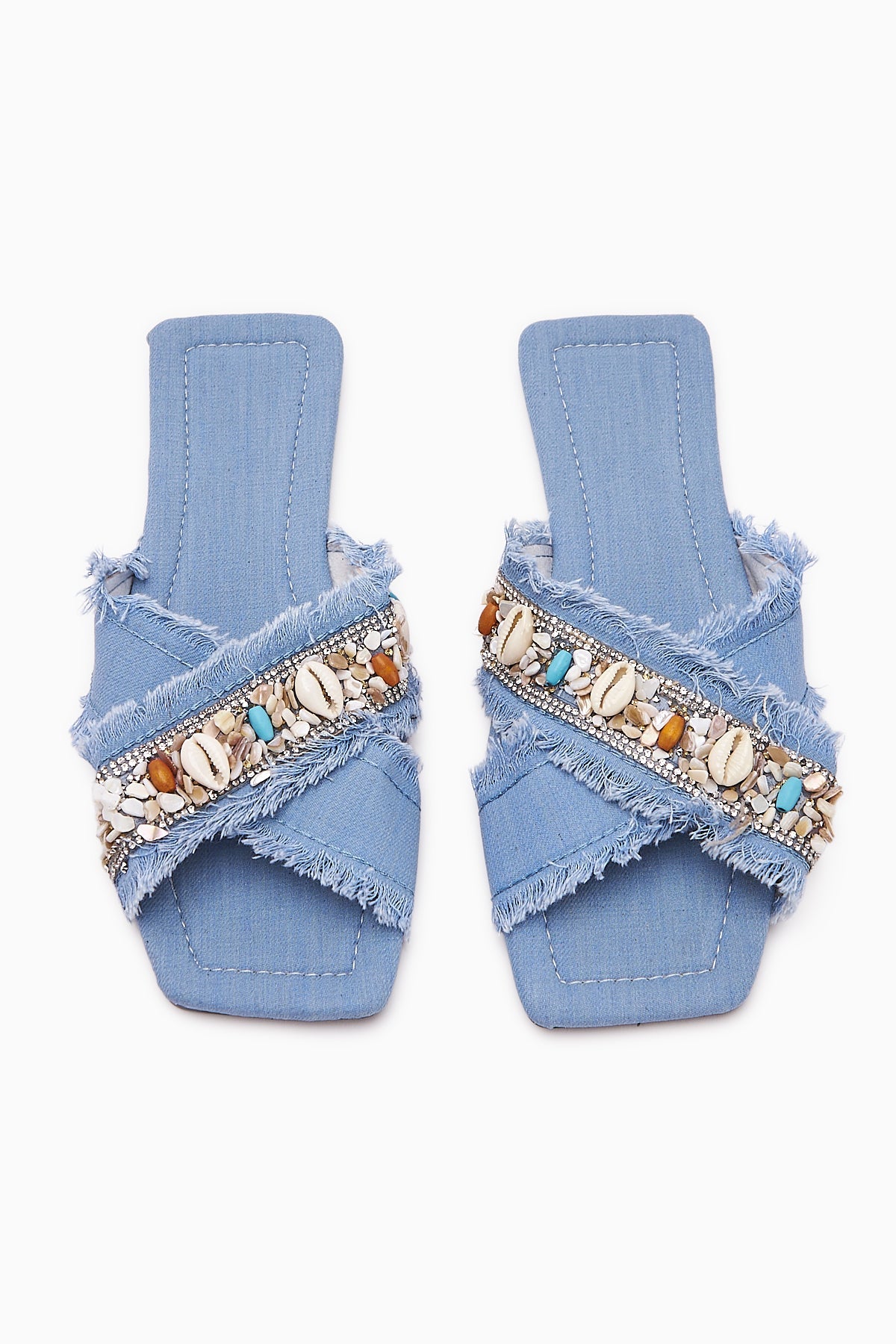 Felisa Blue Stone and Sea Shell Embellished Bohemian Women's Slippers