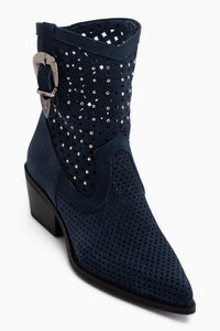 Alesia Genuine Leather Blue Suede Belt Detailed Women’s Boots