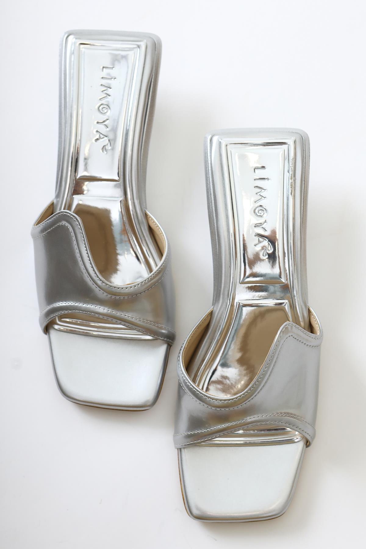 Nune Silver Patent Leather Asymmetric Strap Low Heel Sandals