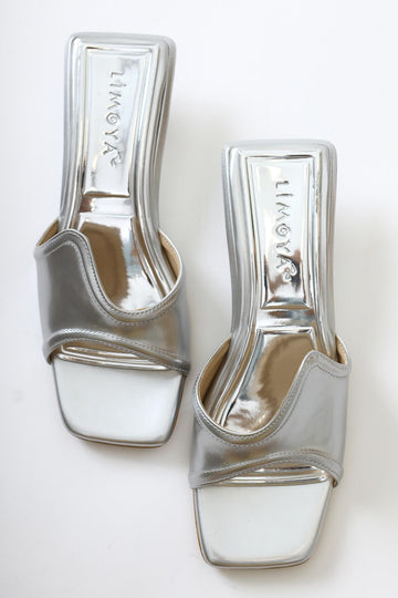 Nune Silver Patent Leather Asymmetric Strap Low Heel Sandals