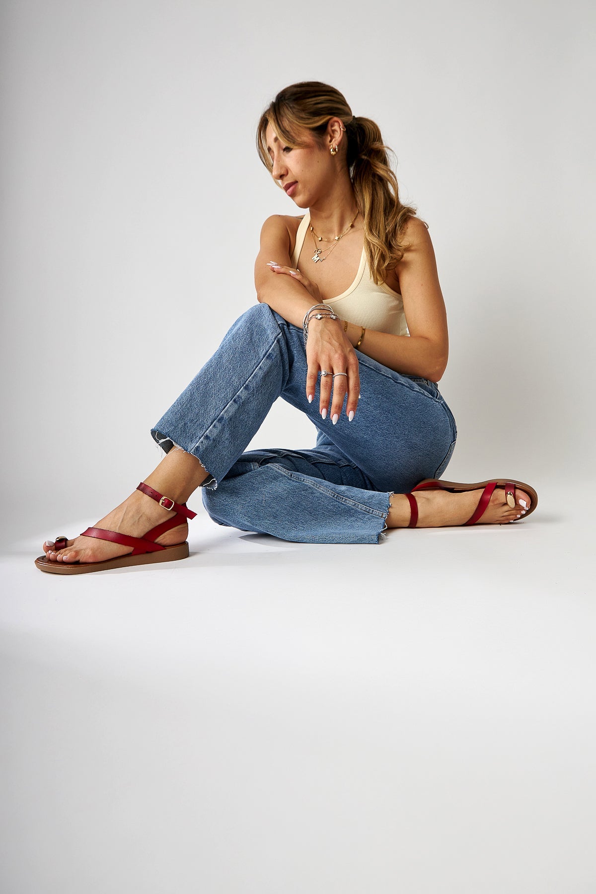 Anisa Red Cross-Strap Buckled Women's Thong Sandals