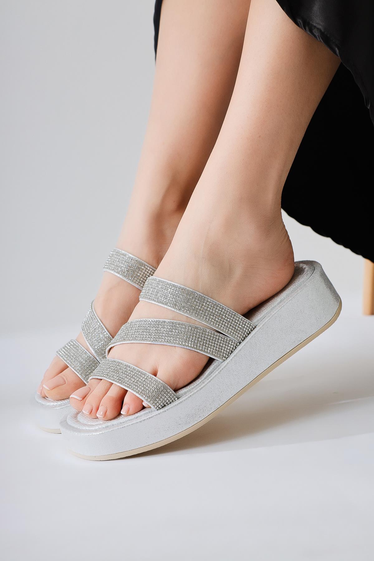 Vinita – Silver Three-Strap Stone-Embellished Slide (Women)
