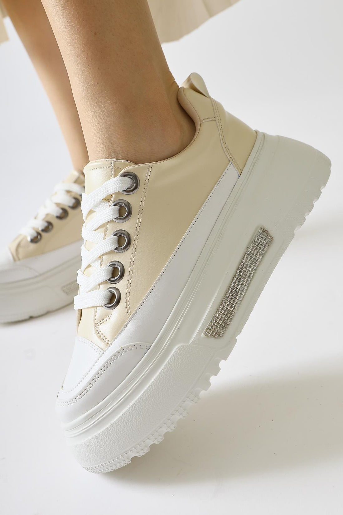 Rosella Beige Thick Sole Stone Detailed Lace-up Sneakers