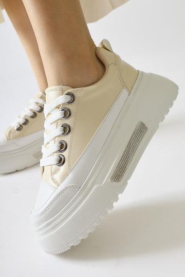 Rosella Beige Thick Sole Stone Detailed Women’s Sneakers