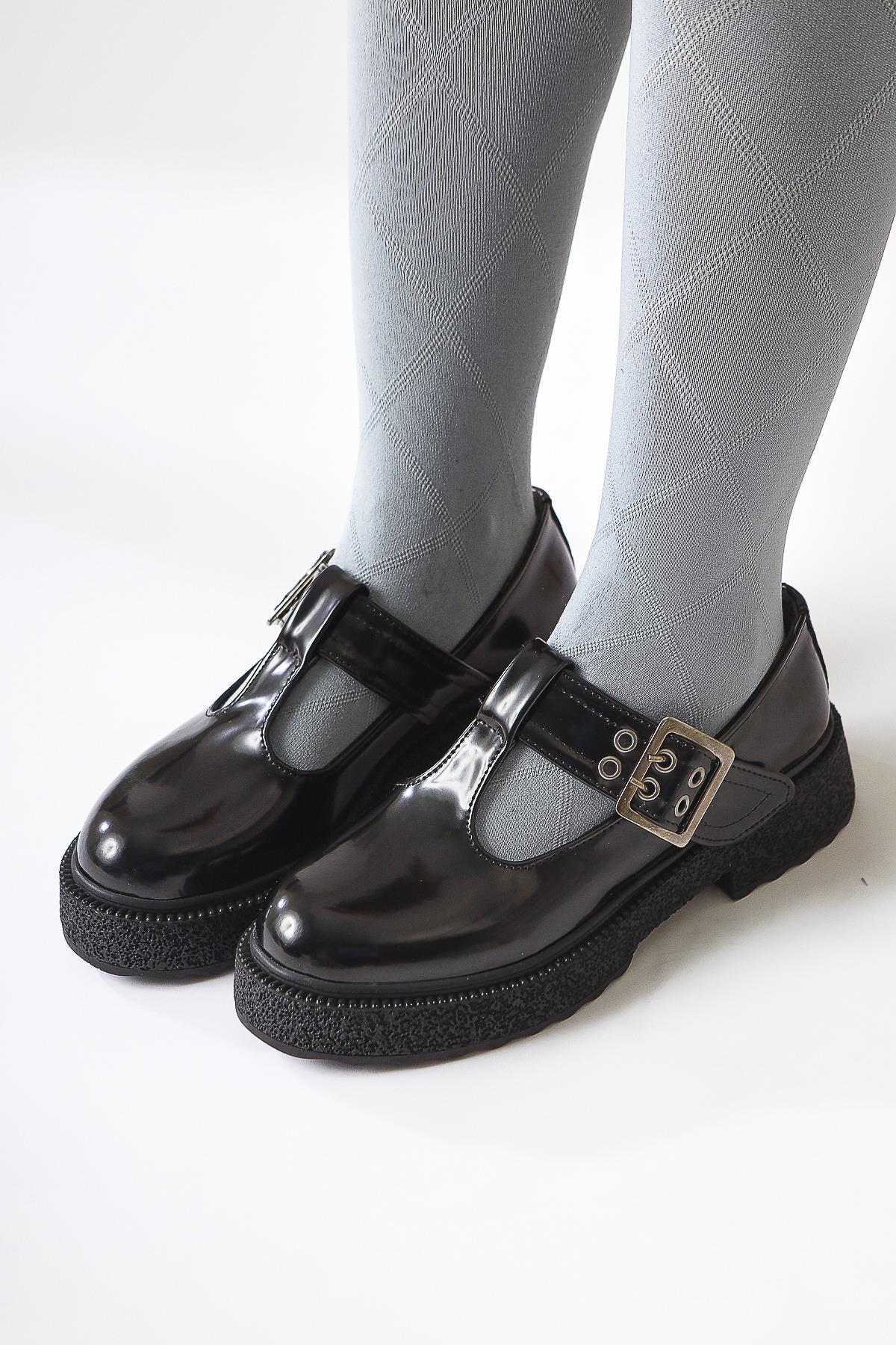 Kalla Black Patent Leather Thick Soled Buckle Detail Casual Shoes