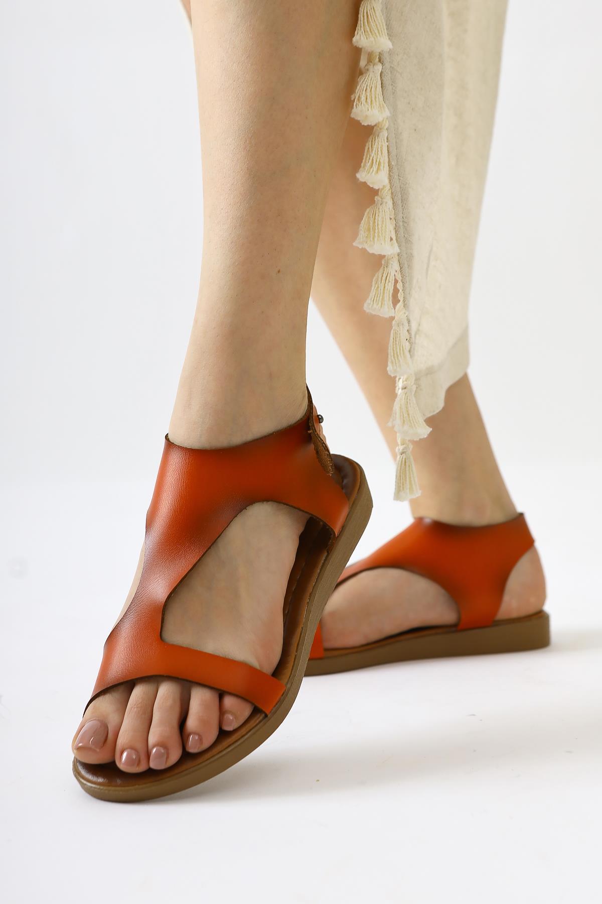 Coral Genuine Leather Orange Asymmetric Cut Sandals