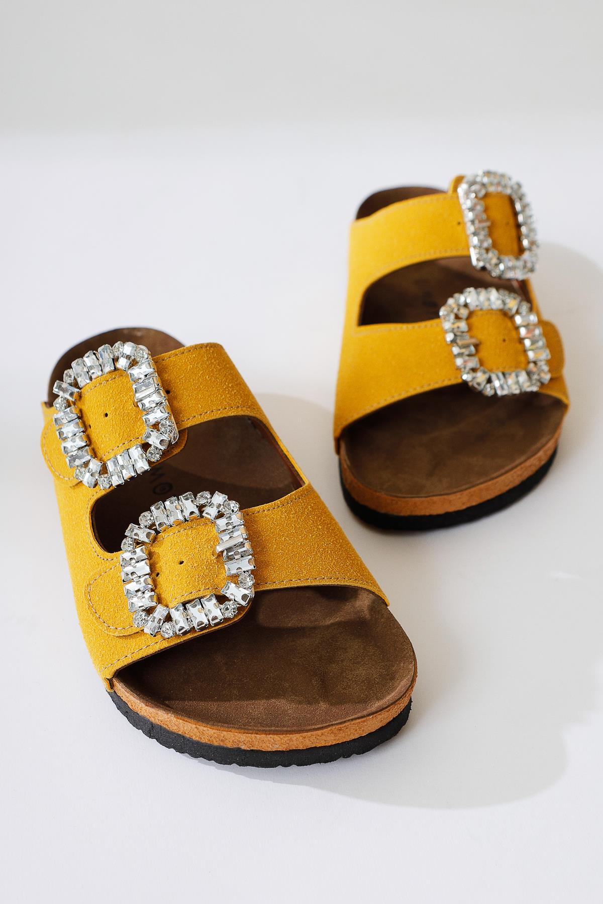 Brisa Yellow Double Strap Slippers with Stone Buckle Details