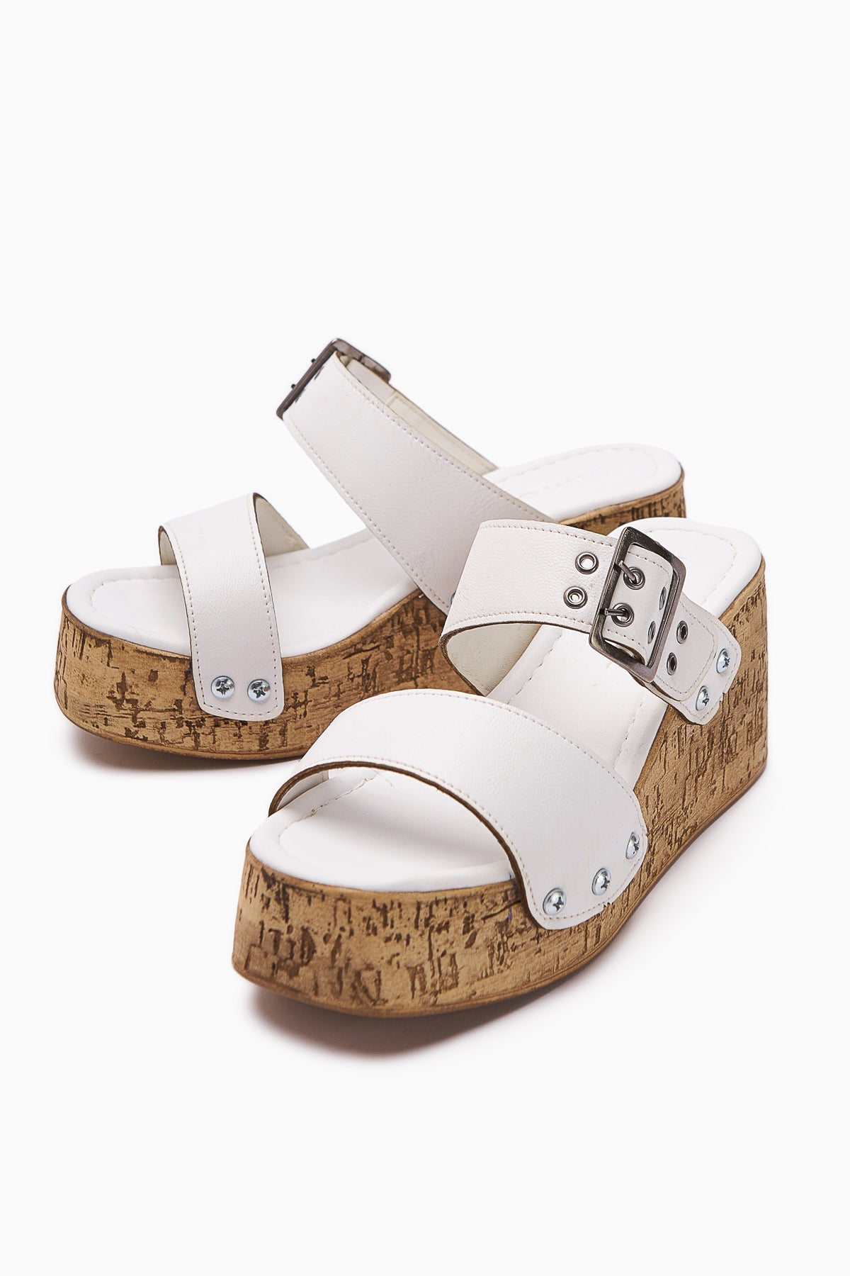 Genet Women's White Slippers with Buckle and Screw Detail