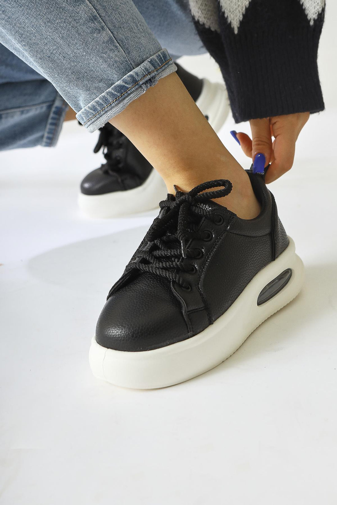 Loura – Black Leather-Look Patterned Air-Sole Lace-Up Sneaker (Women)