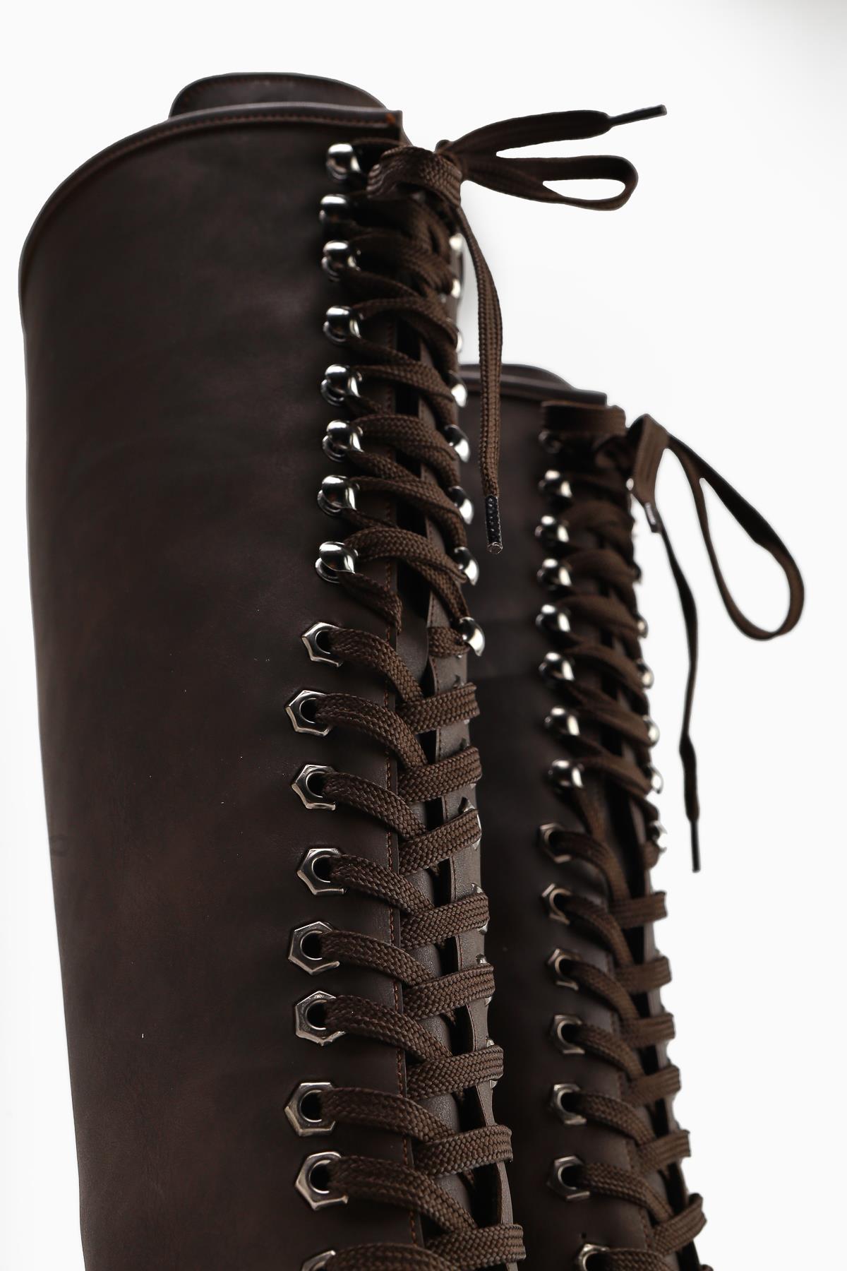 Bella Brown Lace-Up and Zippered Oval-Toed Heeled Women's Boot
