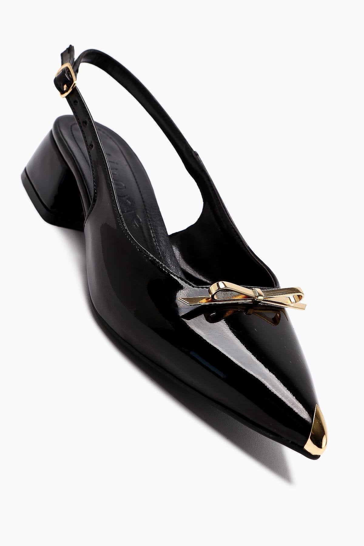 Noella Black Patent Pointed Toe Metallic Bow Short Heeled Women’s Shoes