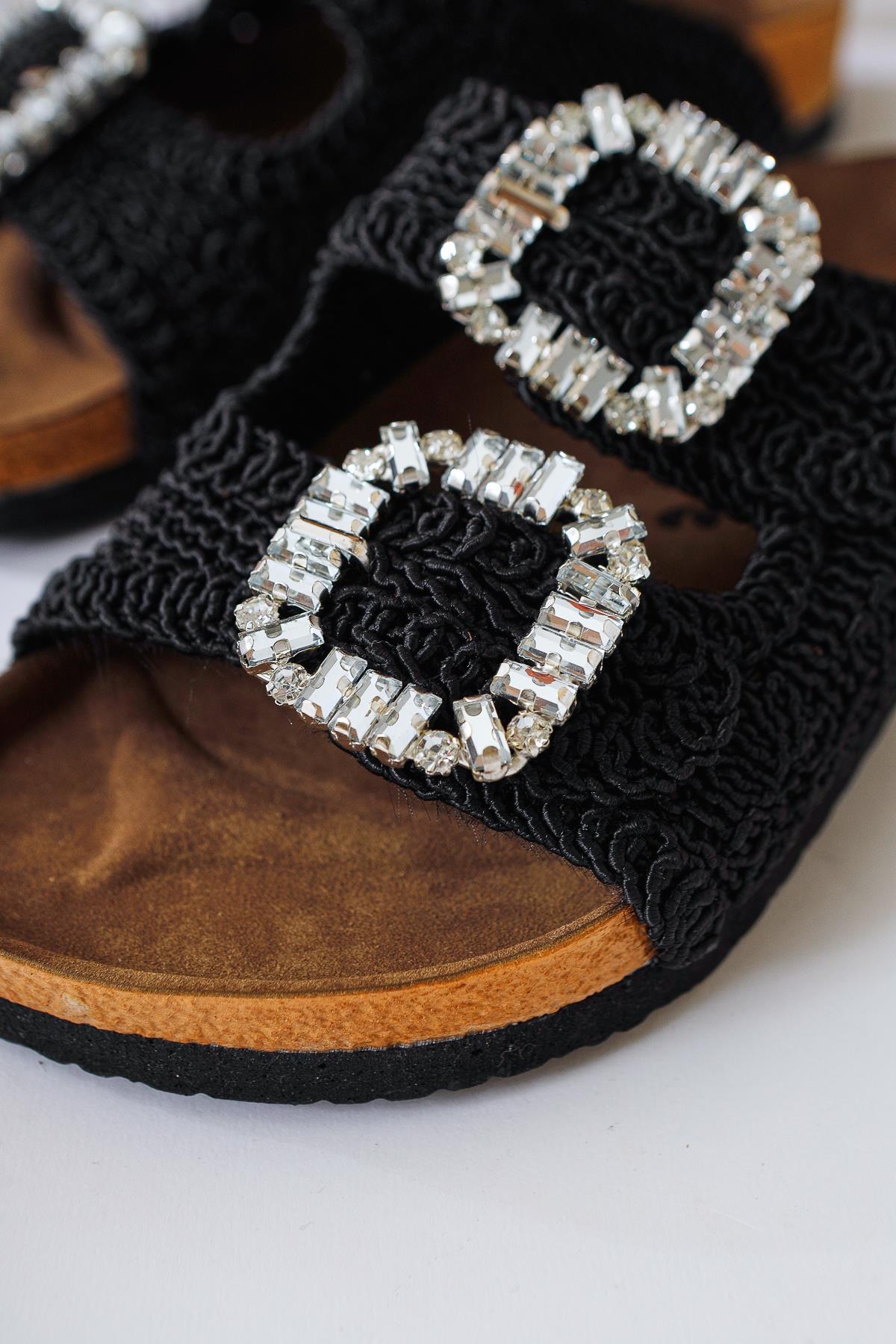 Ellina Black Double Strap Gemstone Buckle Detail Woven Slipper