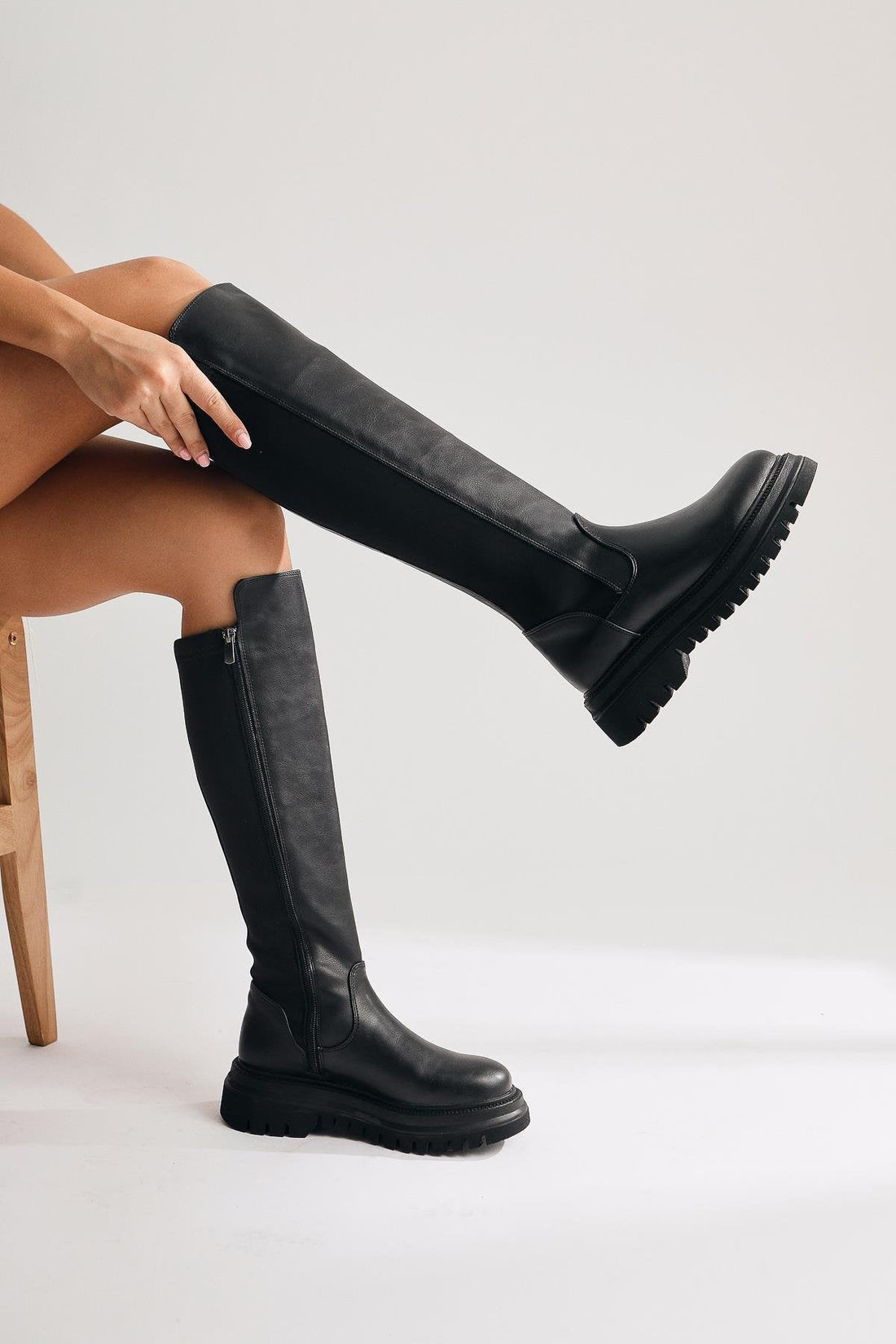 Latoya – Black Stretch-Detail Knee-High Boot (Women)