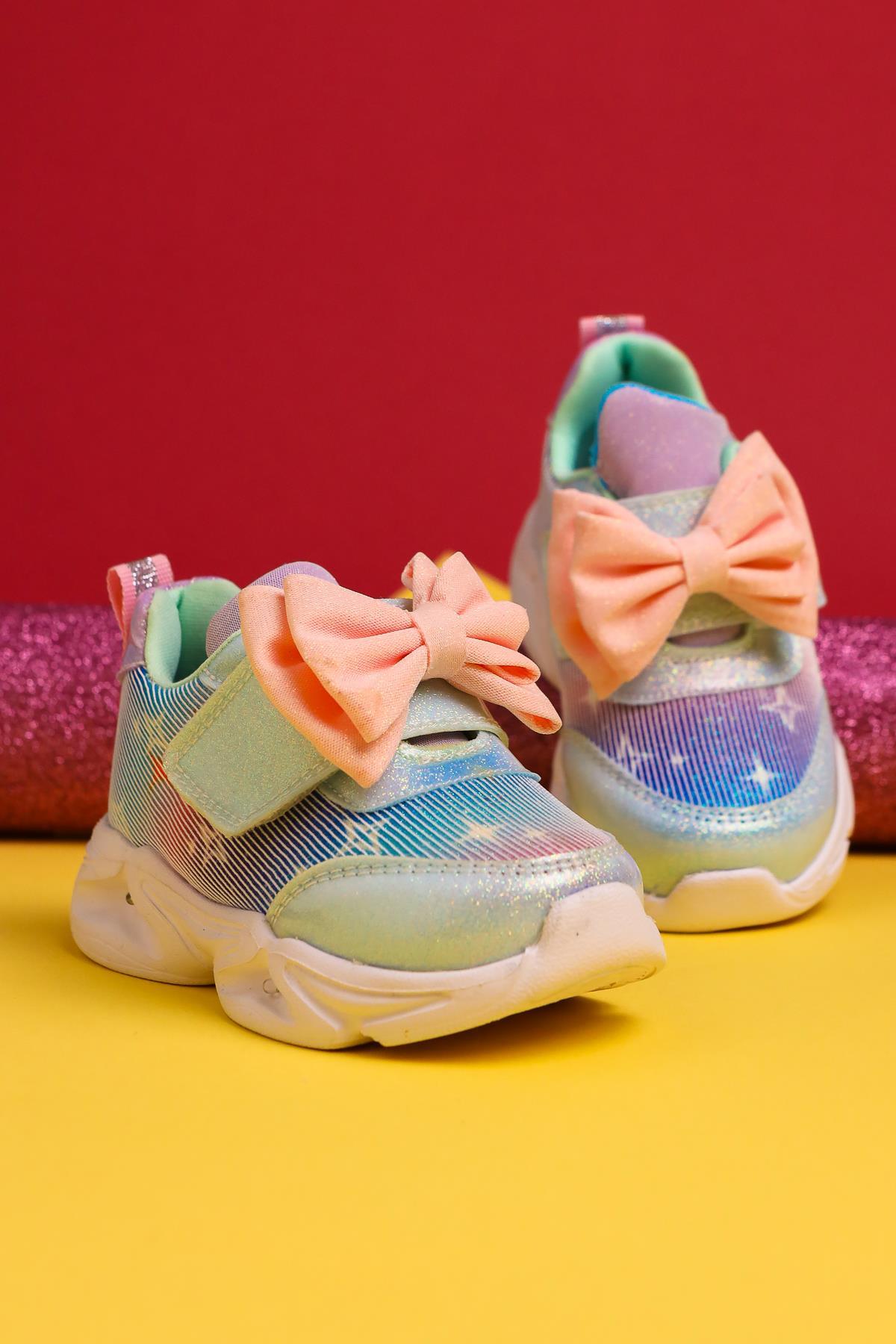 Feliz Turquoise Bow-Detailed Velcro Light-Up Baby Sneakers
