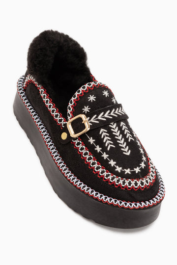 Lexi Black Suede Embroidered Buckled Fur Women’s Shoes