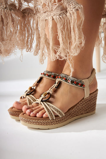 Jona Beige Buckled Elastic-Back Wedge Women's Sandal