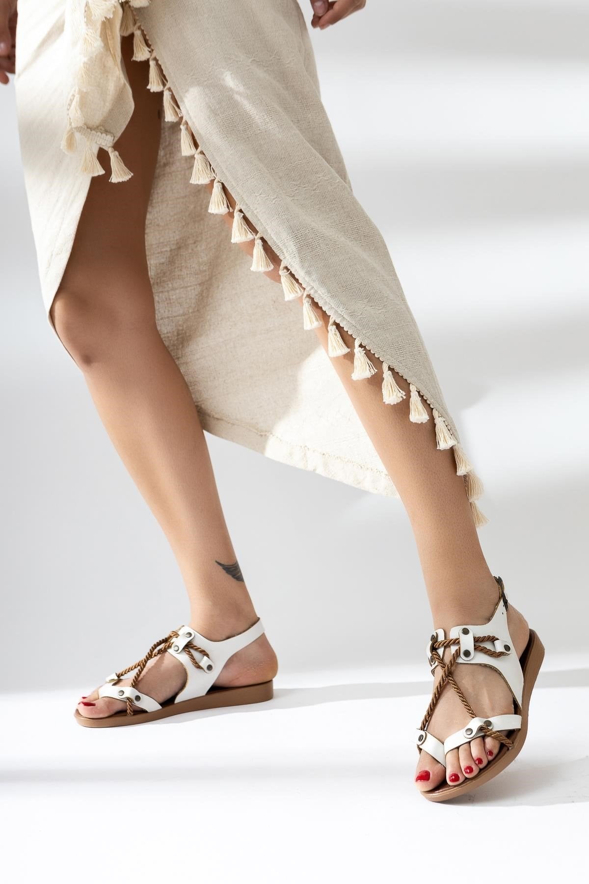 Adriana Genuine Leather White Rope-Detailed Gladiator Sandals