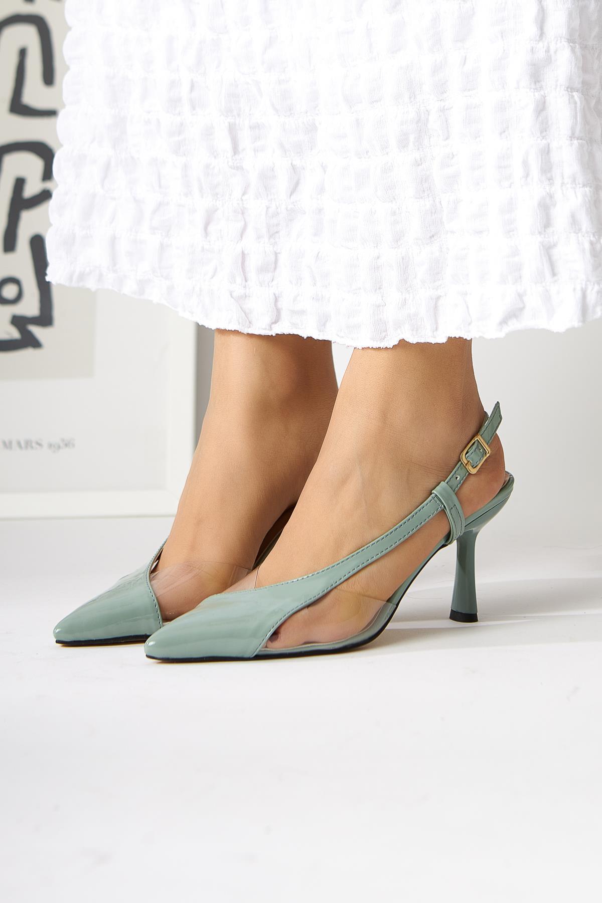 Aliah Mint Patent Leather Pointed Toe Pumps with Transparent Detail