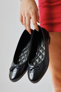 Sobhie Navy Patent Leather Flat with Black Toe and Bow Detail