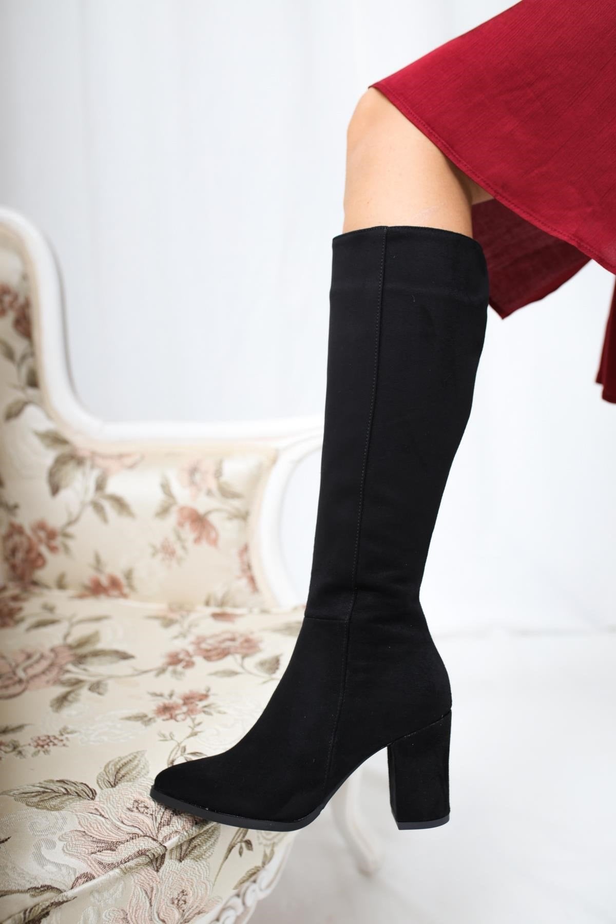 Tatum – Black Suede Pointed-Toe Mid Heel Knee-High Boot (Women)