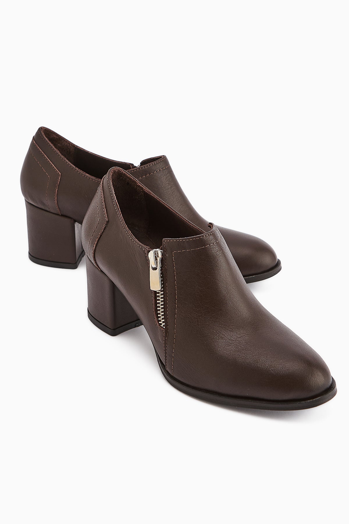 Leona Genuine Leather Brown Zipper Detailed Women's Heels