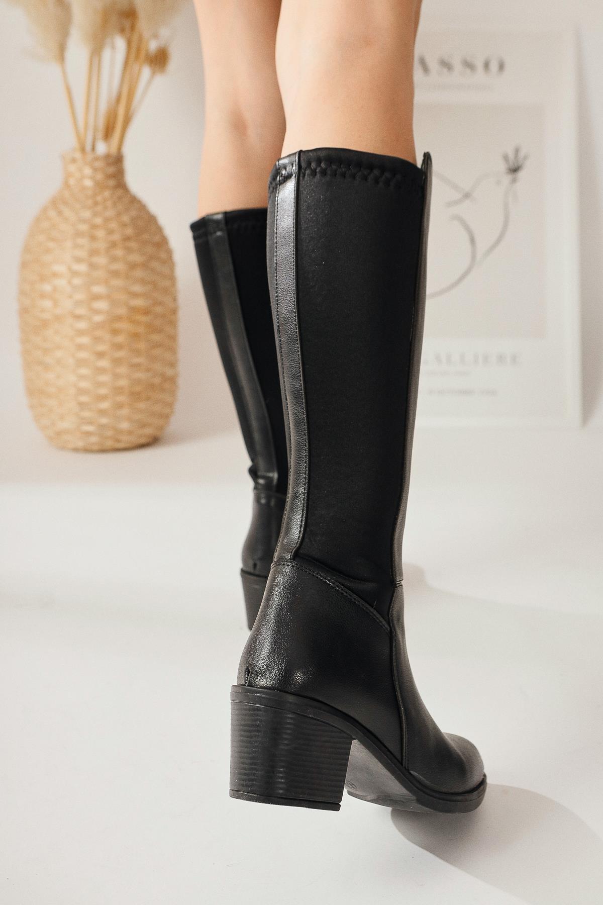 Sesen – Black Neoprene-Detail Flexible Shaft Knee-High Boot