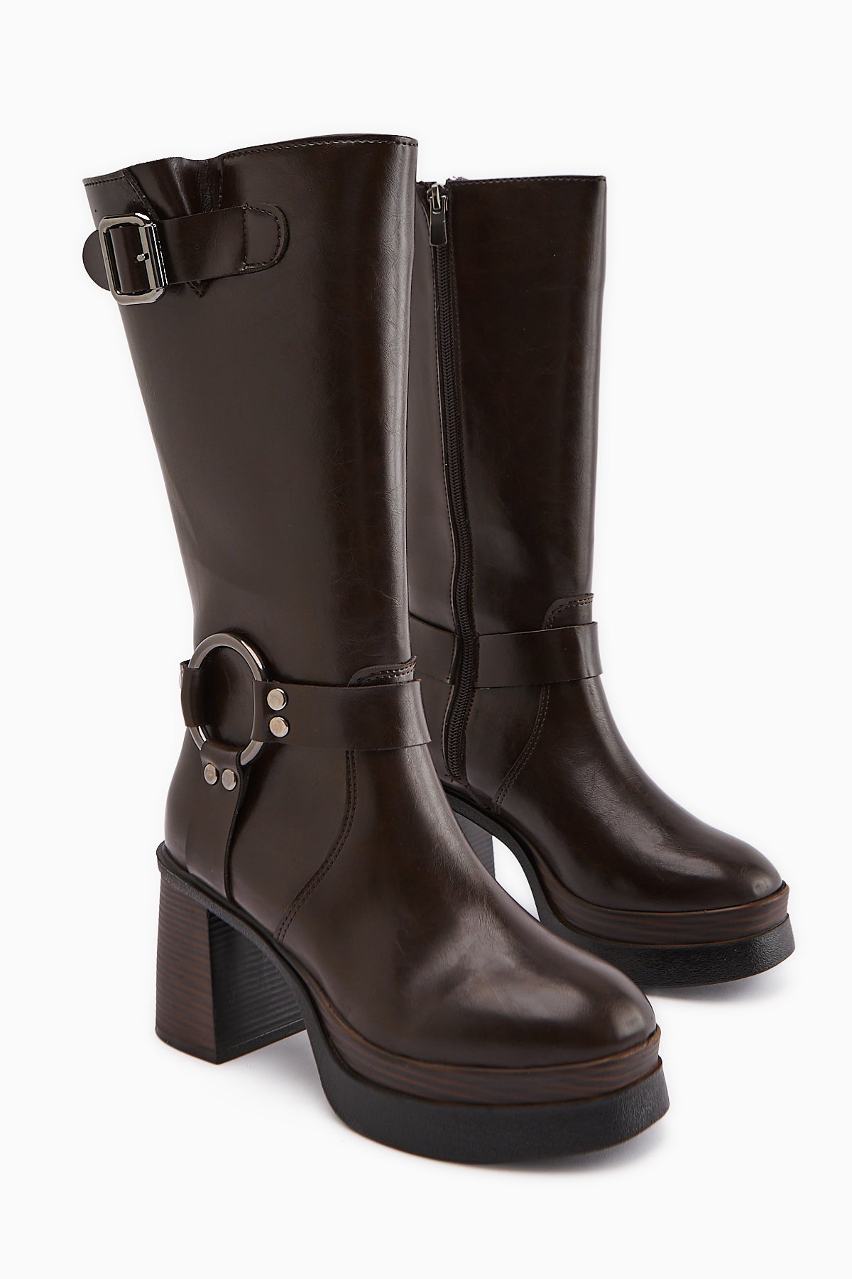 Beris – Brown Buckle-Detail Platform Knee-High Boot (Women)