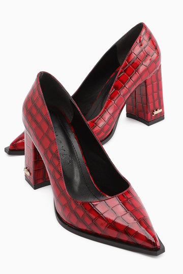 Lucy – Burgundy Croc-Embossed Block Heel Stiletto (Women)