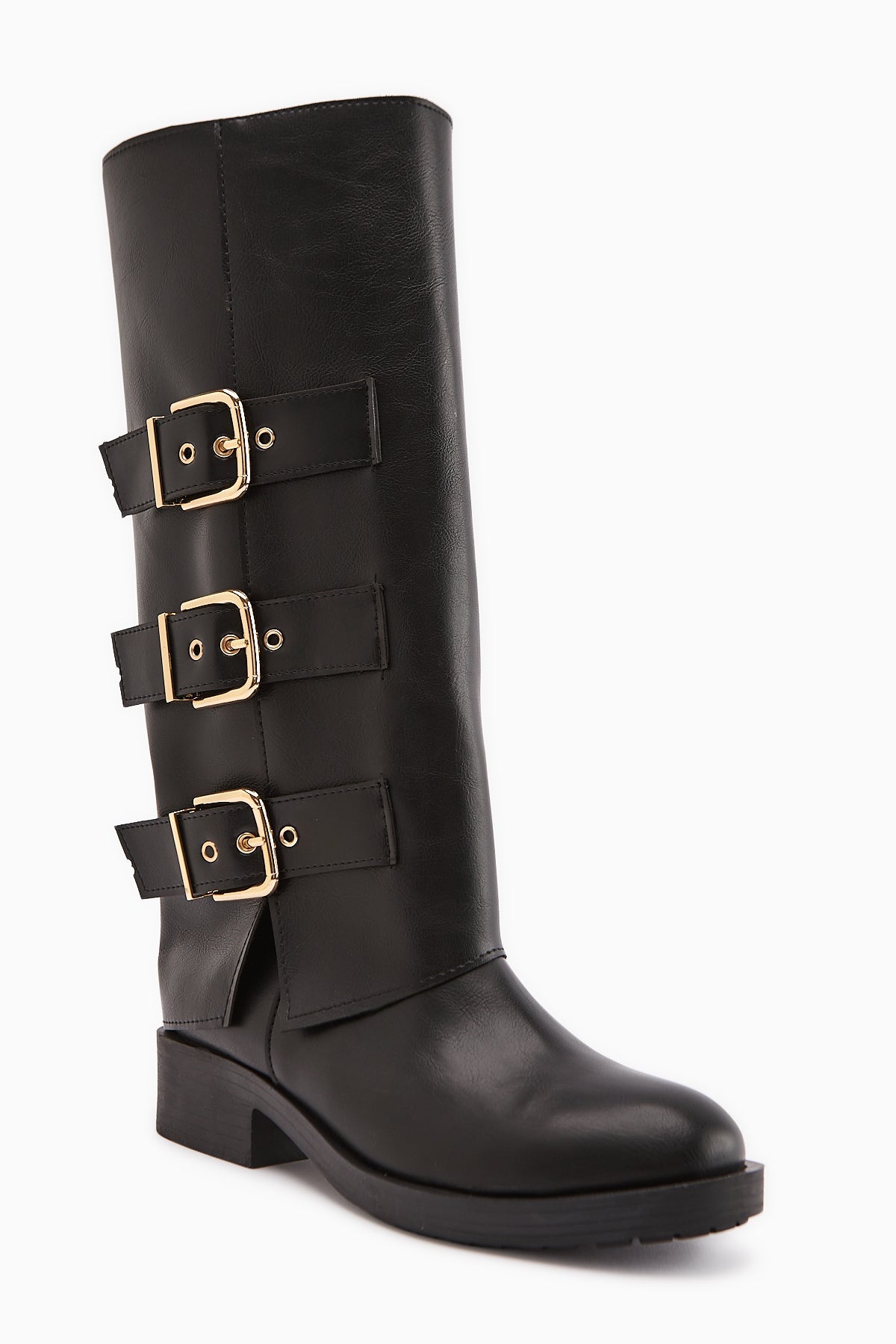 Adelina Black Leather Belted Women's Biker Boot