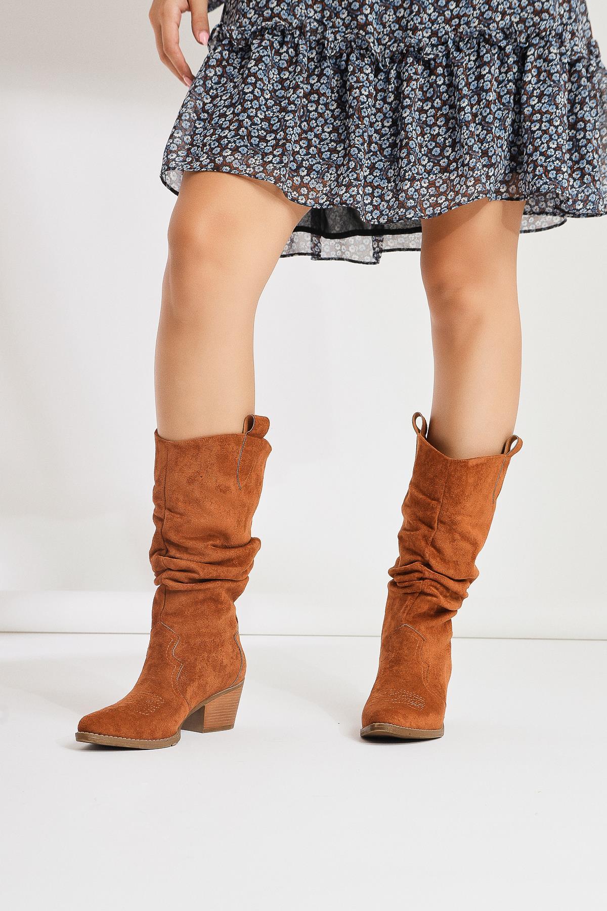 Lise-Britt – Cognac Suede Gusseted Embroidered Western Boot (Women)