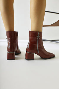 Deyana Burgundy Crinkled Patent Leather Boot with Zipper Accessory