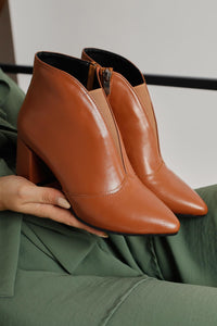 Maria – Cognac Pointed-Toe Zippered Heeled Boot (Women)
