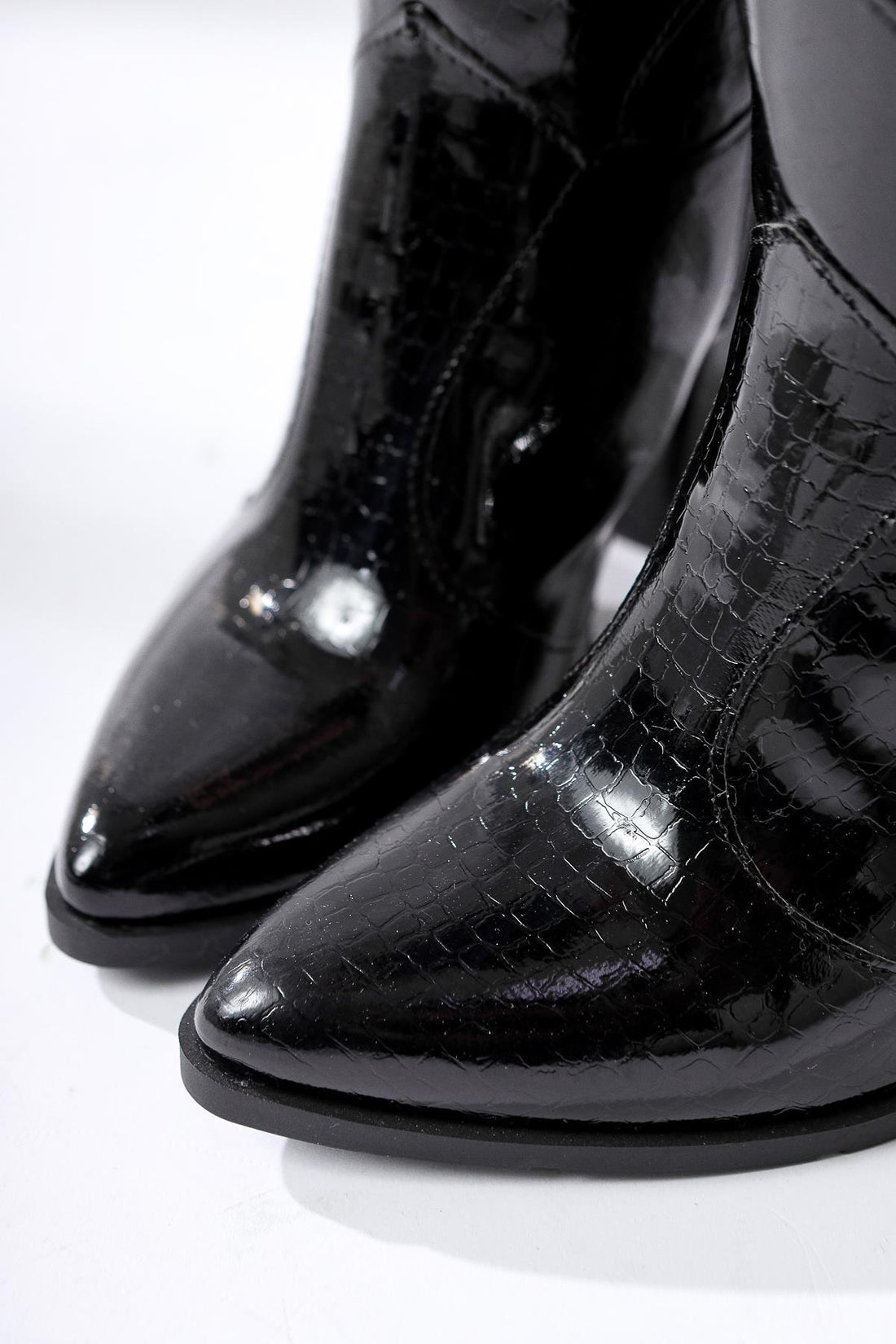 Keri – Black Croc-Embossed Asymmetric-Cut Heeled Knee-High Boot (Women)