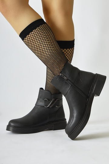 Birta – Black Buckle-Detail Oval-Toe Boot (Women)