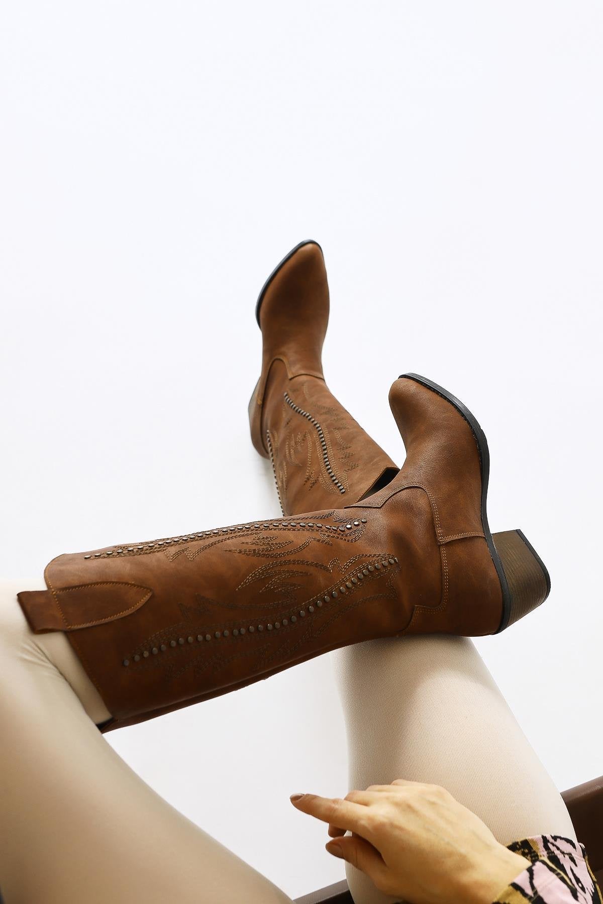 Fizaro Coffee Pointed Toe Embroidered Stud Detailed Western Boot
