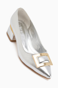 Charoline Silver Buckle Short Heeled Pointed Toe Shoes