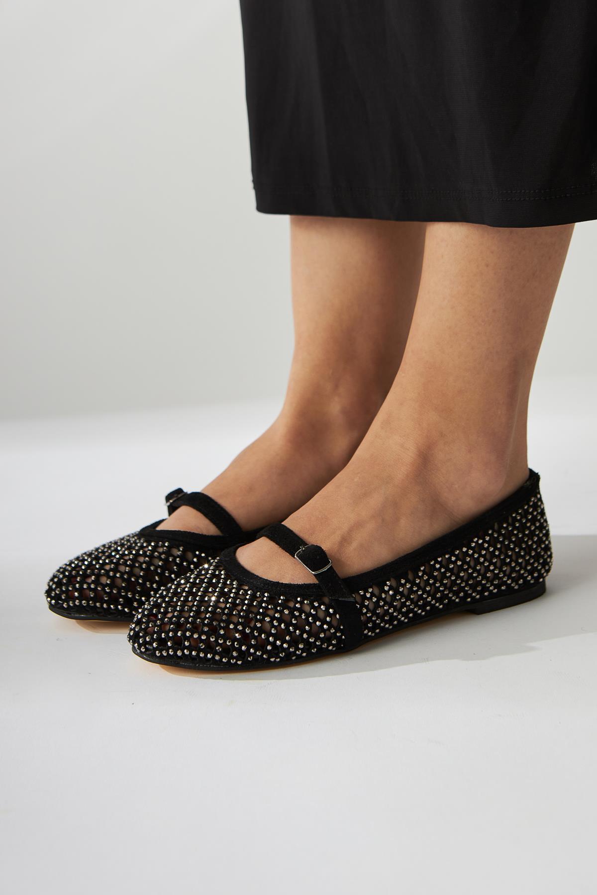Nicole – Black Suede Oval-Toe Perforated Stone-Detail Single-Band Shoe (Women)